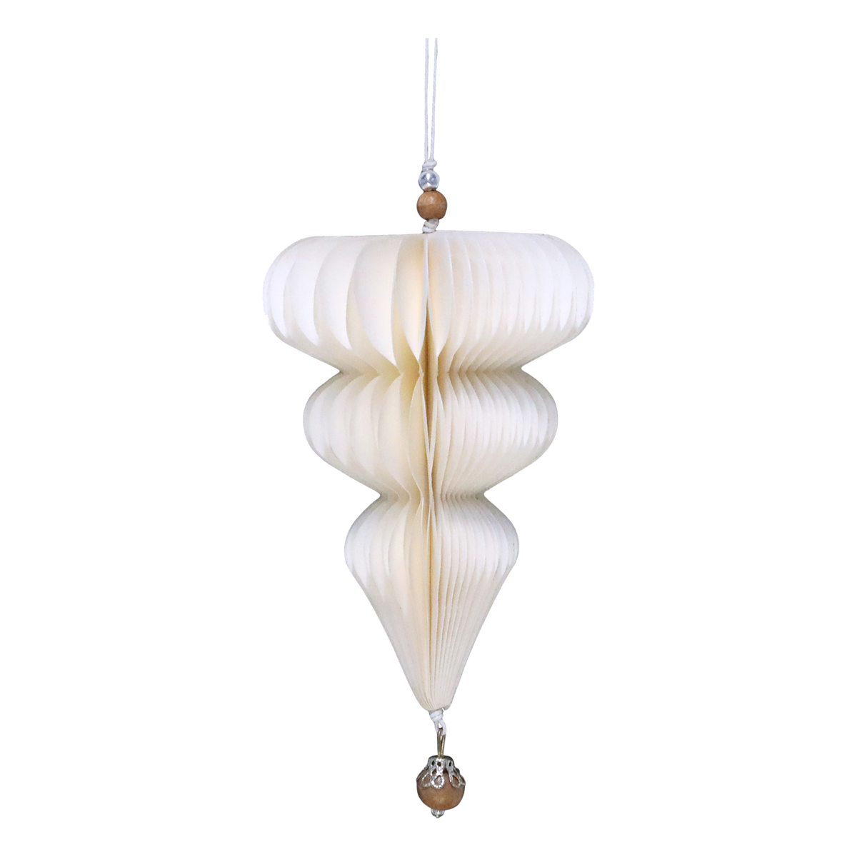 Ornament in paper w. wooden pearl H10/D6.5 cm cream