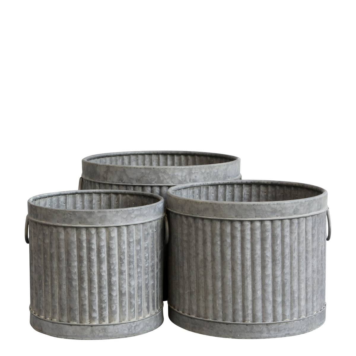 Planter w. grooves round set of 3 H32/D40 cm antique zinc