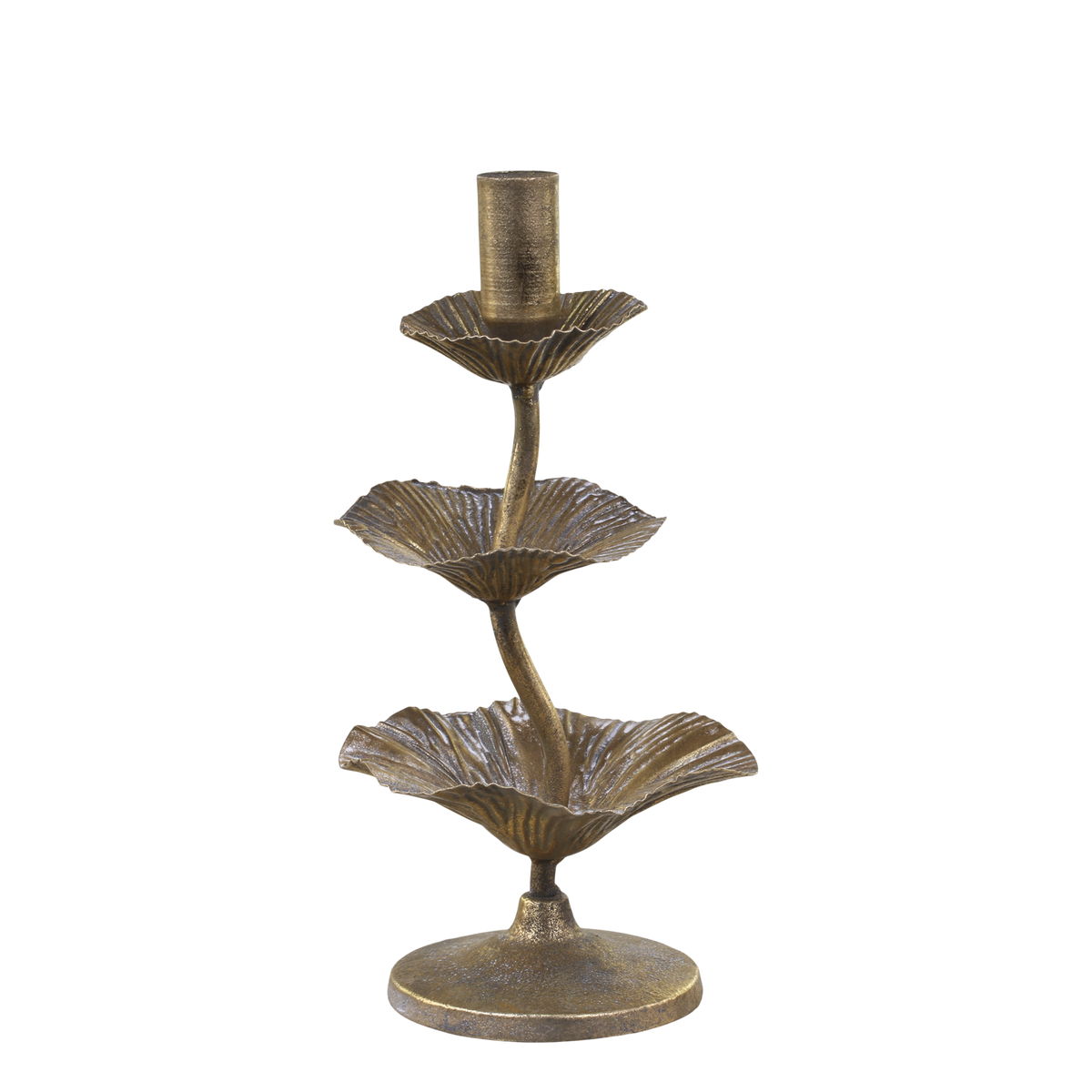 Candlestick w. leaf decor H24/D12.5 cm antique brass