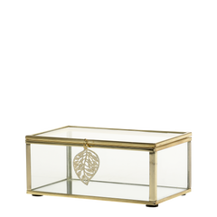 Box in glass w. leaf décor H6/L14.5/W9 cm brass