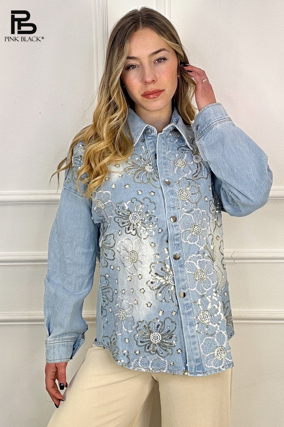 Denim skjorte med bling blomster - ITFEB25