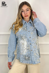 Denim skjorte med bling blomster - ITFEB25