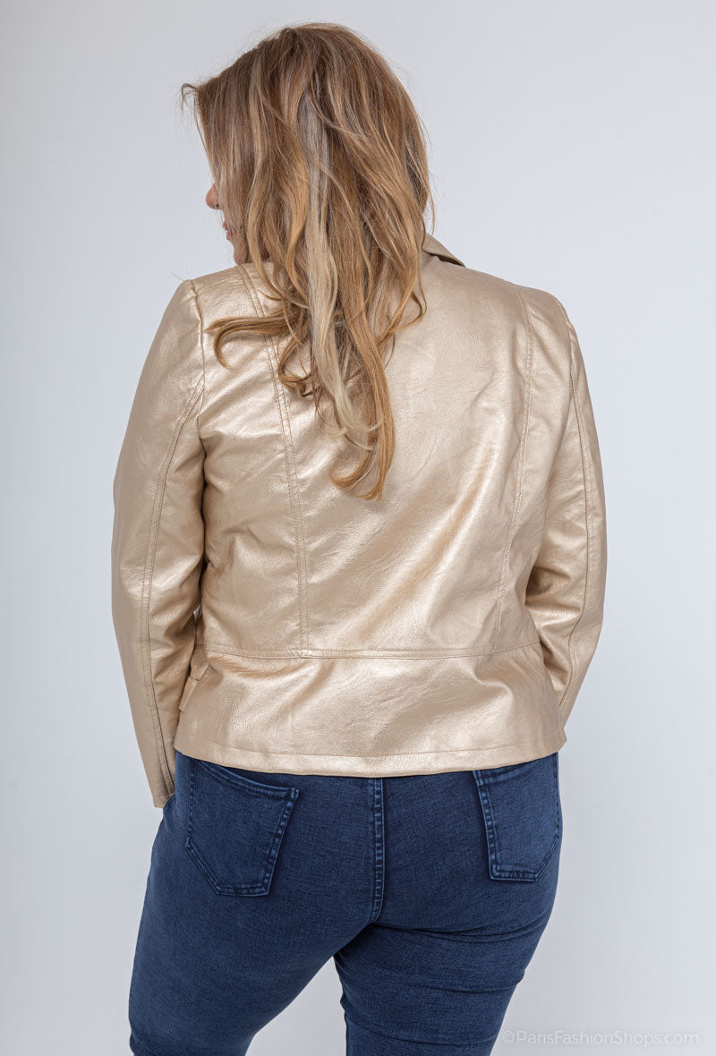 Plus Size Faux Læder Jakke Metallic