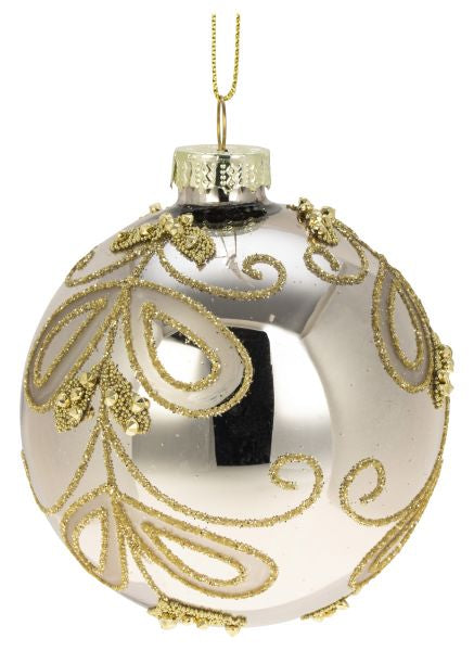 GLASS BALL 8CM SHINY GREY W/GOLD GLITTER ORNAMENT