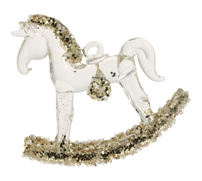 GLASS ROCKING HORSE 8,5CM CLEAR W/GOLD GLITTER