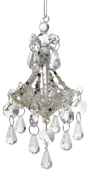 GLASS CHANDELIER 14CM CLEAR, SILVER STAR GLITTER